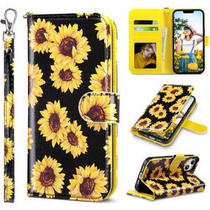 ULAK Compatible with iPhone 13 Wallet Case for Women, Premium PU Leather Flip Cover with Card Holder and Kickstand Feature Protective Phone Case Designed for iPhone 13 6.1 Inch (Sunflower)