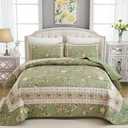 Xruibed Sage Green Quilt Set King Size, 3PCs Antique Rose Sage Green Quilt Coverlet Set, Lightweight Soft Microfiber Floral Bedspread with 2 Pillowcases for All Season (King Size 110"x90")