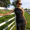 Memoriesea Women's Sexy One Shoulder Mesh Ruched Bodycon Formal Cocktail Maxi Dress (Black)