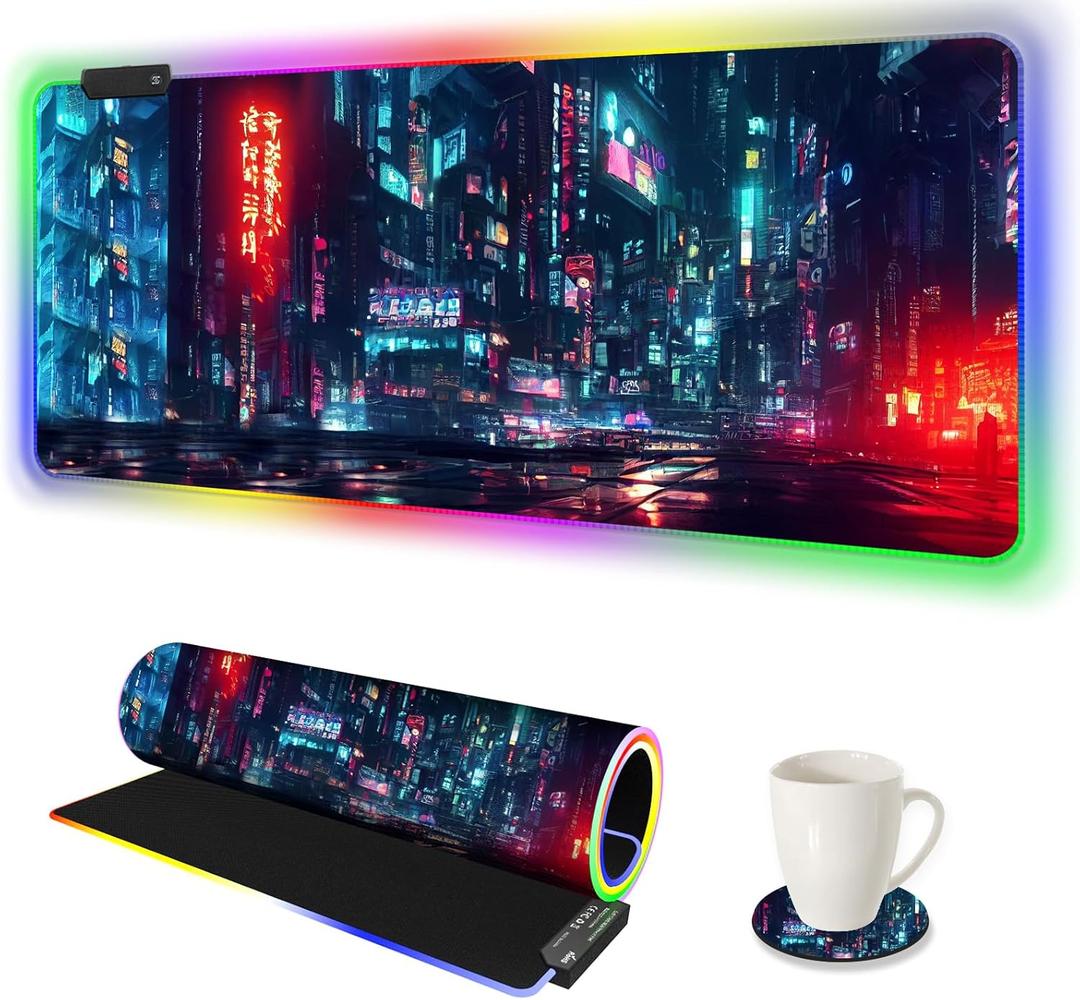 ARTSO RGB Gaming Mouse Pad Large, Extended Soft Led Mouse Pad with 14 Lighting Modes 2 Brightness, Water Resist Keyboard Pad, Computer Mousepads Mat 35.4x15.7inch, Night City