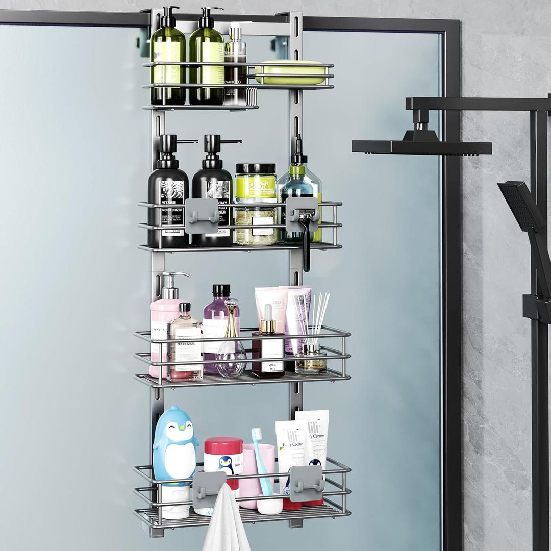 Orimade Shower Caddy Adjustable Height 4 Tier Silver,Bathroom Hanging Over the Door Organizer Shelf Rustproof with 4 Hooks, Shower Basket with Soap Holder and Suction Cup
