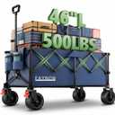46" L Collapsible Foldable Extended Wagon, 500LB Weight Capacity with 280L Heavy Duty Folding Cart,Utility Wagon with All-Terrain Beach Wheel & Drink Holders,Blue