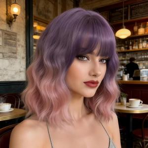 BUFASHION 14" Women Short Wavy Curly Wig Purple Light Pink Bob Cosplay Halloween Synthetic Wigs With Neat Bang With Free Wig Cap (Purple Light Pink)