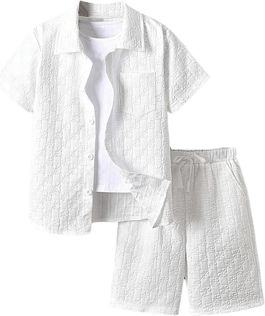 RoseSeek Boy's 2 Piece Beach Vacation Textured Linen Outfit Short Sleeve Button Down Shirt Top and Shorts Summer Set (White, 10Y)