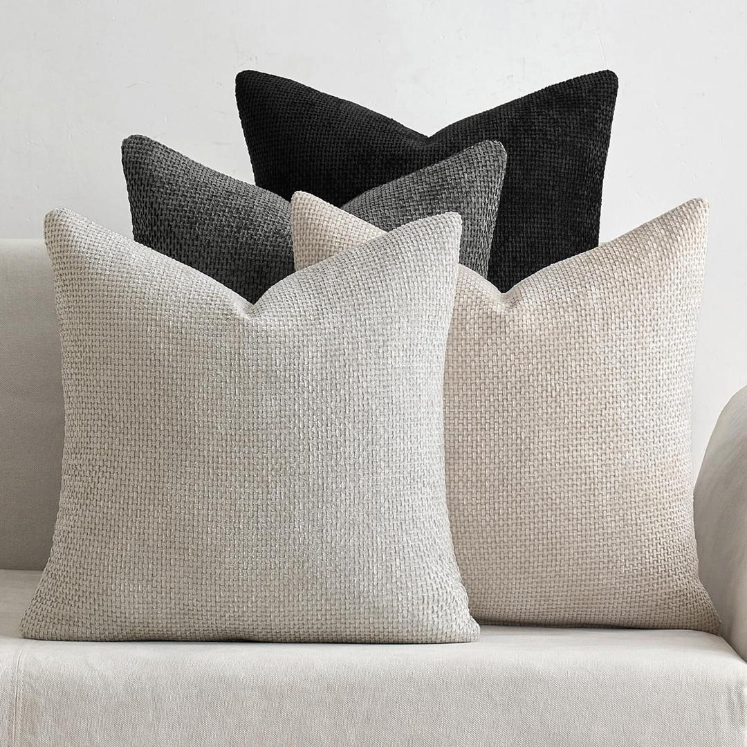MIULEE Pack of 4 Couch Throw Pillow Covers 18x18 Inch Neutral Cream/Grey Soft Decorative Chenille Pillow Covers Farmhouse Accent Cushion Covers for Boho Home Decor Sofa Bedroom Living Room