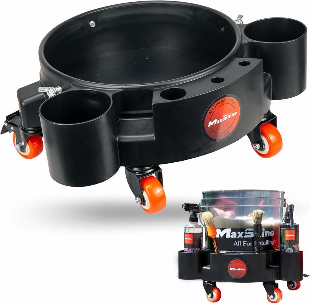 Maxshine 5 Gallon Rolling Bucket Dolly  Heavy-Duty with 5 Wheels, 2 Locking Casters, Organizer for Detailing Cleaning Compounds & Detailing Brushes - Detailing Accessory & Supplies - Black (Bucket Dolly (Black))
