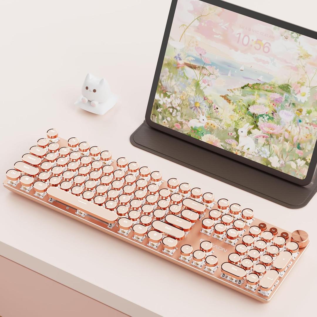 EWEADN V20 Typewriter Keyboard Wireless, 104 Keys Typewriter Style Mechanical with White Backlit, Media Knob, Pink Switch 2.4G/Bluetooth/USB-C Wired Retro Full Size Keyboard for Windows/Mac/PC-Pink
