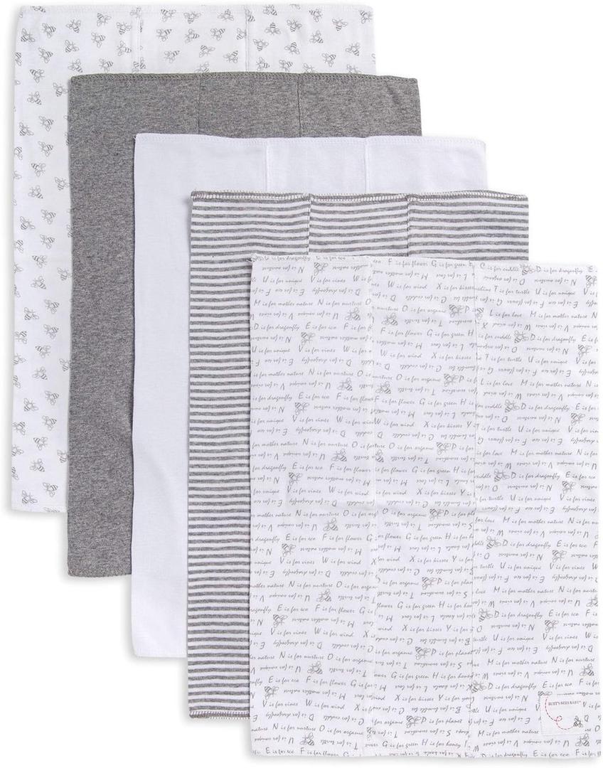 Burts Bees Baby Infant Burp Cloths, 100% Organic Cotton Extra Absorbent Soft Fabric Drool Cloths, 5-Pack Newborn Must-Have Essential Large Burping Cloths, One Size 17 x 11.75 Inches (Heather Grey Prints)