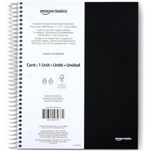 Basics 5 Subject College Ruled Spiral Notebook, Poly Cover, 200 Sheets, 9" x 11", Black, Pack of 1 
