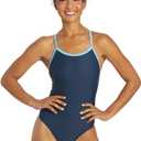 Sporti Solid Piped Thin Strap One Piece Swimsuit (34, Navy/Light Blue)