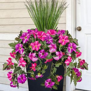 11 Bundles Artificial Fake Flowers Plants for Outdoor Decoration, Fake Silk Petunias Flowers with Fake Wheat Grass UV Resistant for Home Outside Garden Balcony Yard Porch Decor (Red Lotus)