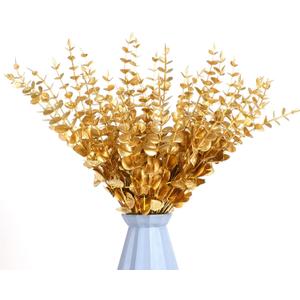 FOIMAS Gold Artificial Eucalyptus Stems,36pcs Faux Eucalyptus Branches Leaves Decor for Floral Arrangement Wedding Bouquet Home Decoration