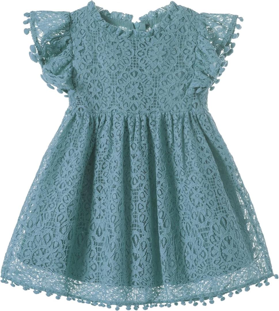 Niyage Toddler Girls Elegant Lace Pom Pom Flutter Sleeve Party Princess Dress (3T, Smoky Blue)