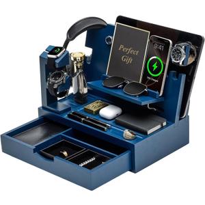 Nightstand Organizer for Men with Large Drawer, Birthday Gifts for Men, Phone Docking Station, Bedside Organizer for Nightstand for Apple Watch, Laptop (Blue, Solid Wood)