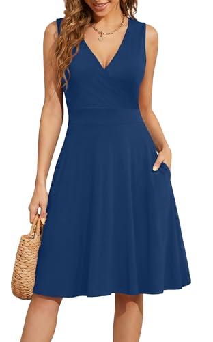 WEACZZY Womens Summer Dresses V Neck Wrap Sexy Mini Dress Sleeveless Elegant Beach Vacation Casual Swing Sundress with Pockets,Navy Blue,Medium