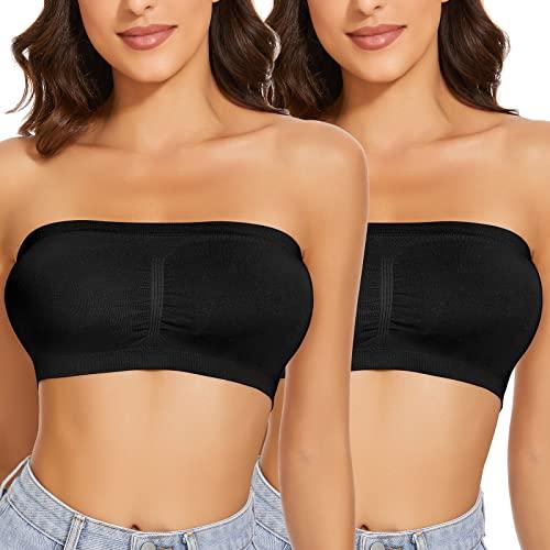 WOWENY 2 Packs Women's Black Bandeau Bra Padded Strapless Bras Seamless Bandeau Bralette Wireless Tube Top Bra Black XXL