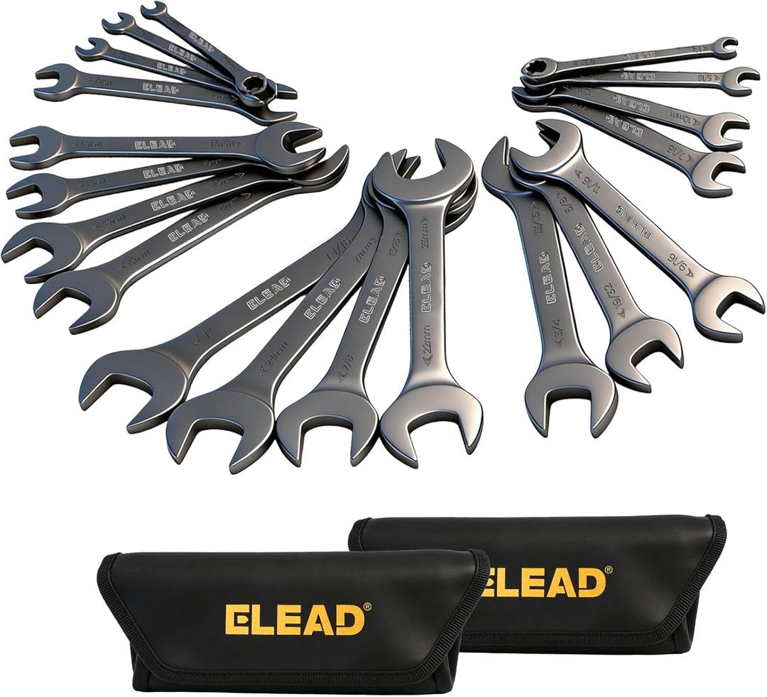 ELEAD 19-Piece Super-Thin Open End Wrench Set, Metric 5.527 mm & SAE 1/4"-1-1/16", CR-V Nickel Plated, 3 mm Thickness Ultra-Slim Wrench Set for Tight Spaces, Durable Roll-Up Pouch for Mechanics