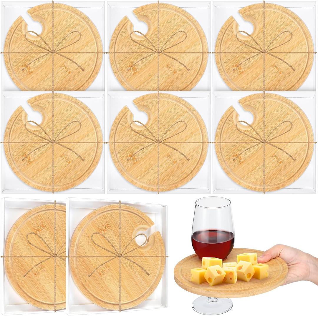 Menkxi 6 Set Wine Appetizer Plates Mini Charcuterie Boards with Glass Holder and Box Gifts for Bridal Shower Game Prizes Wooden Cocktail Cheese Plate for Guests Baby Shower(Round,Light Color)