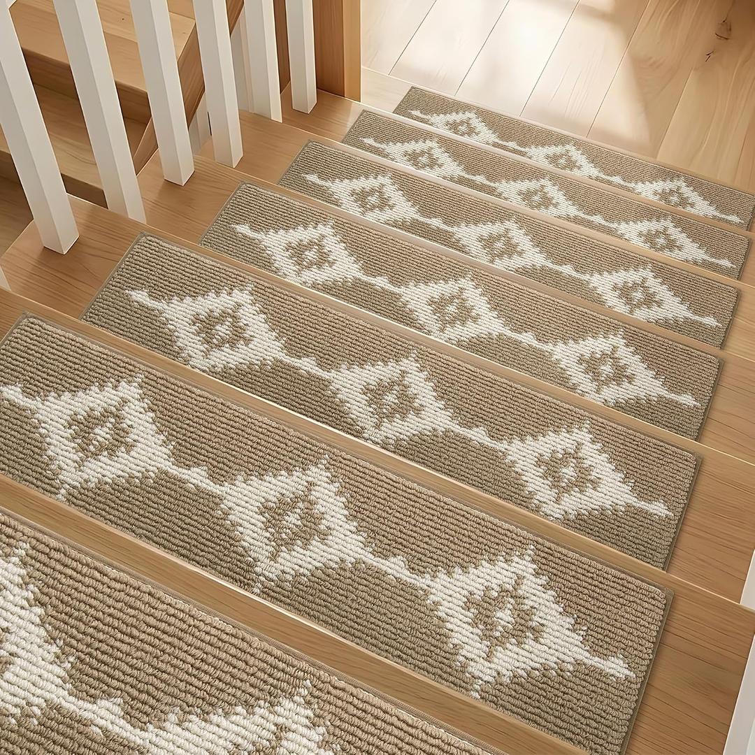 Stair Treads for Wooden Steps, Non-Slip Peel and Stick Carpet Stair Runner, Boho Pet Friendly Indoor Stair Protectors, Soft Washable Reusable,8x30 15Pcs,Brown