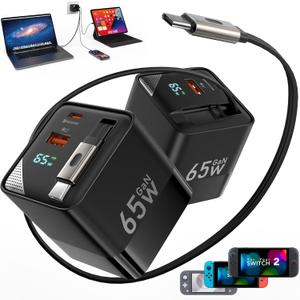 65W USB C Charger, 3 in 1 GaN Retractable Wall Charger Plug PD PPS Type C Cable and Dual Port for Nintendo Switch 2, Travel Portable Fast Charging Block for MacBook, iPad,i-Phone,Galaxy,Pixel, Tablet
