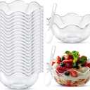 Newtay 50 Pack 5oz Small Plastic Dessert Cups with Spoon Ice Cream Bowls Birthday Christmas Wedding Party Disposable Buffet Serving Cups for Nuts, Salad, Fruit, Snacks and Yogurt (Flower, Clear)