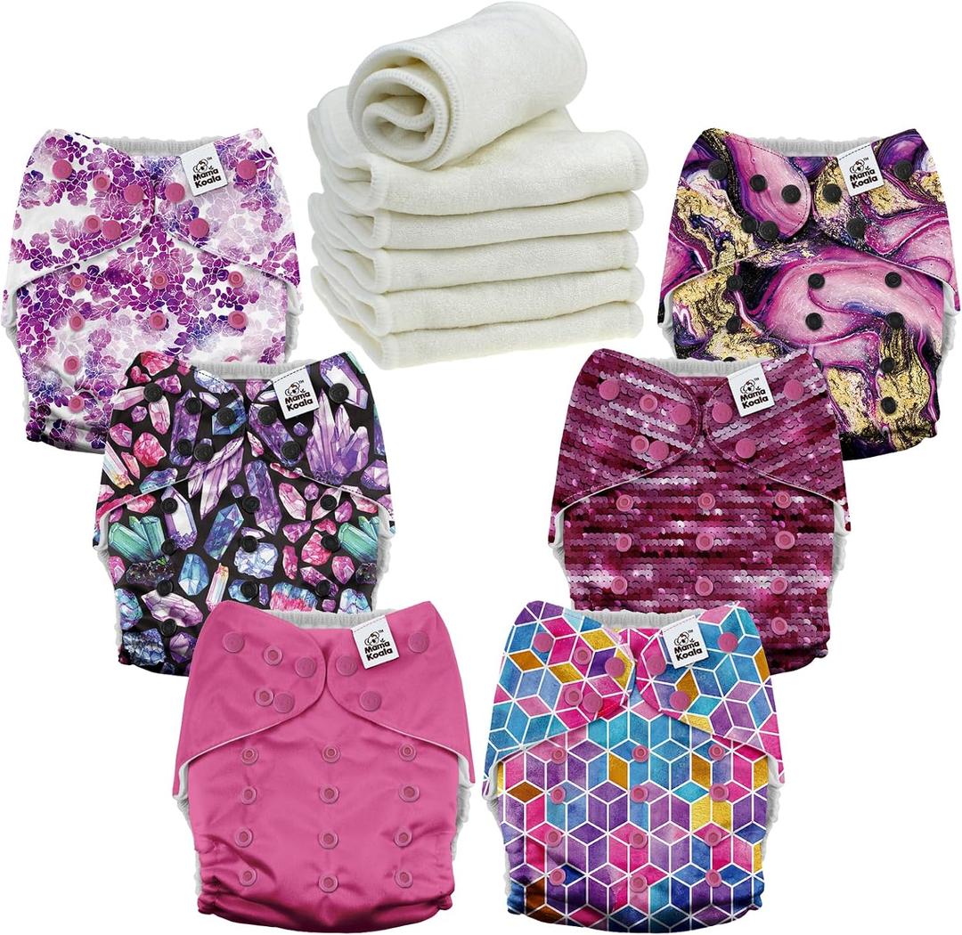 Mama Koala 6 Pack Reusable Cloth Diapers 3.0 for Babies Girls Newborn, One-Size Adjustable Baby Diaper, Durable Stitching, Back Opening for Inserts, Breathable Awj Lining, Leak Prevention-Purple One
