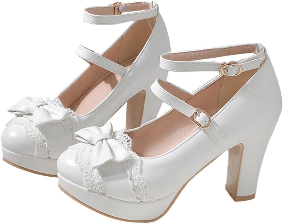 Mary Janes for Women Platform Heels Bow Kawaii Shoes Vintage Dress Pumps (6.5)