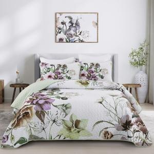 Floral Quilt Set Full 3 Pieces Boho Green Floral Quilt Coverlet Set Soft Microfiber Lightweight Green Quilted Bedspread for All Season 80"x90"