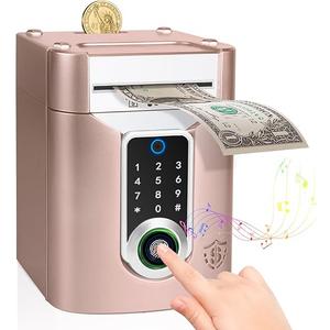 Highttoy Electronic Piggy Bank with Touch Screen and Fingerprint, ATM Children's Safe Money Box with Code, Gift for Boys and Girls 3-12 Years, Rose Gold
