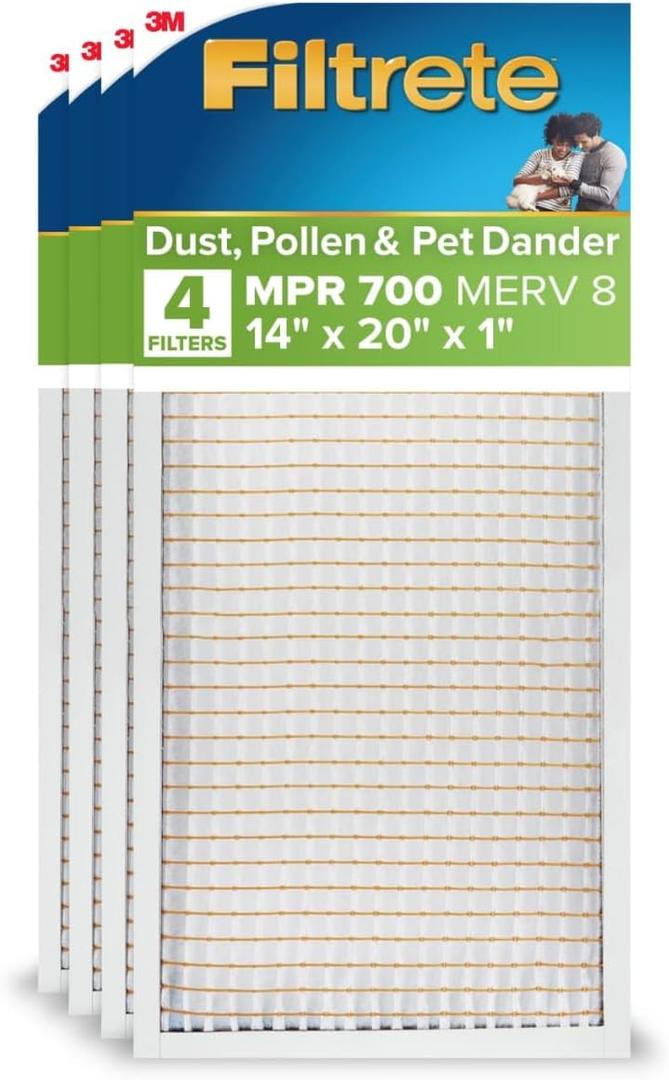 Filtrete 14x20x1 AC Furnace Air Filter, MERV 8, MPR 700, Tough on Pollen, Easy on Airflow, 3-Month Pleated 1-Inch Electrostatic Air Cleaning Filter, 4-Pack (Actual Size 13.688 x 19.688 x 0.78 in)