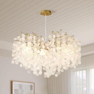 24-Inch Capiz Shell Chandelier, 8-Light Gold Coastal Chandelier, Modern Crystal Tree Branch Chandeliers, Boho Light Fixture for Bedroom, Living Room, Foyer, Entryway, Stairwell