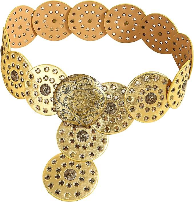 Hollow Wide Disc Belt for Women Concho Leather Metal Buckle Boho Belt Cowgirl Vintage Western Chunky Waist Belts