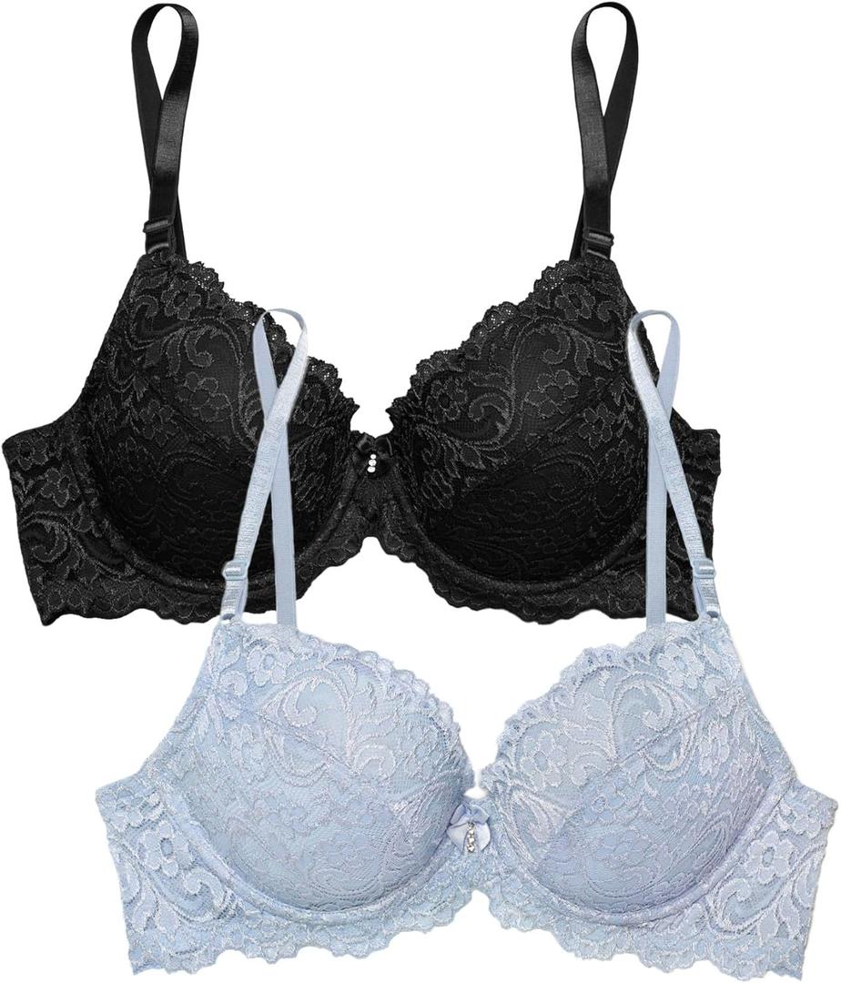 Smart & Sexy Women's Signature Lace Push-Up Bra-Perfect for Seeking Effortless Style and Comfort, Mineral Water/Black Hue, (38) 38D