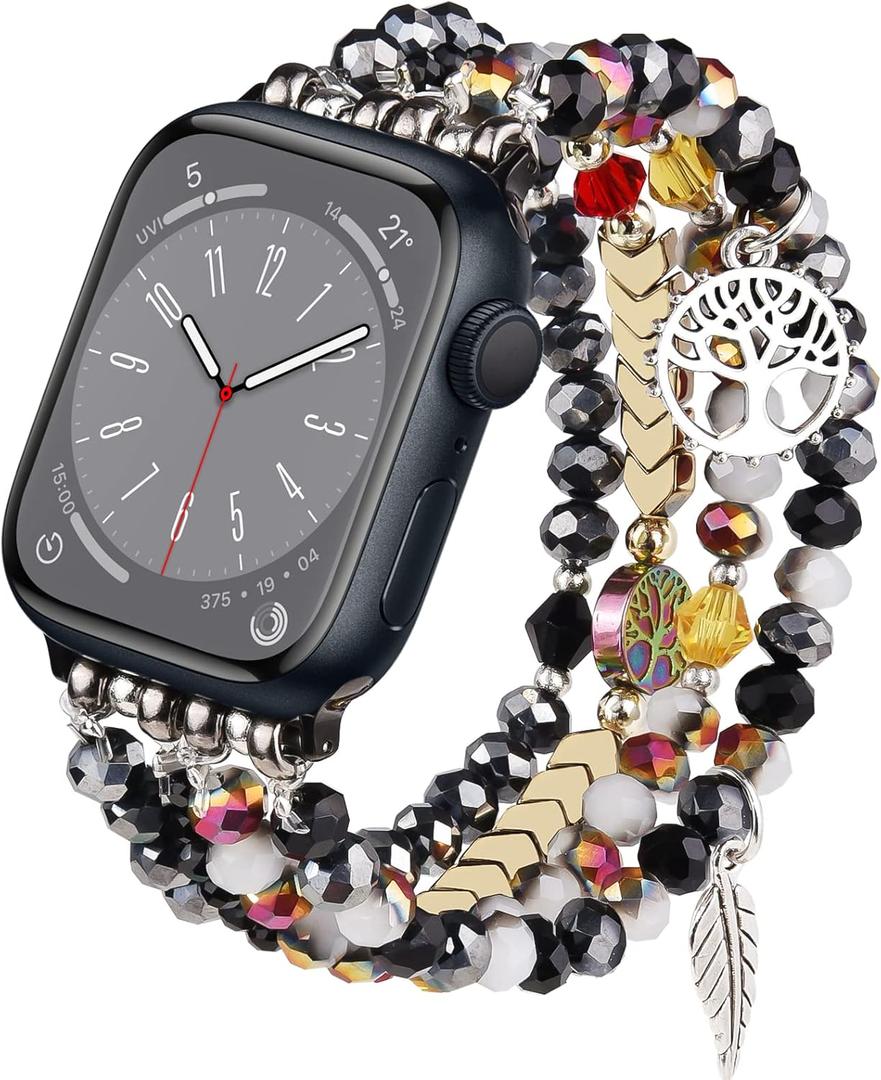 MOFREE Beaded Bracelet Compatible with Apple Watch Band 38mm/40mm/41mm/42mmSeries 10 9/8/7/SE/6/5/4/3/2/1 Women Fashion Handmade Elastic Stretch Strap for iWatch Bands Replacement (Black/Gray)