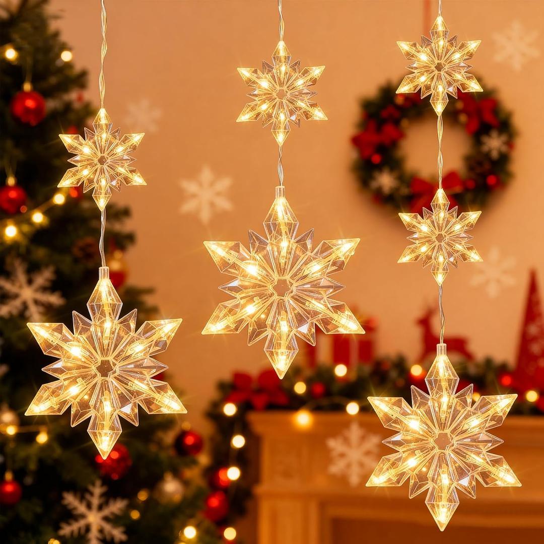 5.3FT Christmas Snowflake Lights w/ 60 LED, 8 Modes Strings Connectable Battery Powered Xmas Icicle Lights w/ 3 Big Snowflake Drops for Indoor Outdoor Xmas Decor, Party, Wedding, Warm White
