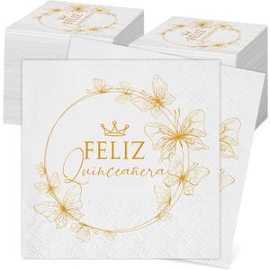 Kosiz 100 Pcs Mis 15 Quince Girls 15th Birthday Party Cocktail Napkins Unfolded 9 x 9'' 3 Ply Quinceaera Disposable Decoration Paper Table Supplies for Christmas Quinceaera Party Favors Guests, Gold