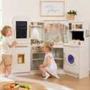  Large Wooden Corner Play Kitchen Sets with Ice Maker, Water Dispenser, Bread Maker, Washing Machine, Electronic Display, Toy Sink with Running Water, Stove with Light & Sounds, Birthday Gift for 3+Boys Girl (White)