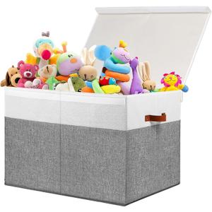 Large Toy Storage Box with Lid, Sturdy Toys Storage Chest Bin Organizer Basket with Dividers for Kids, Boys, Girls, Nursery, Closet, Bedroom, Playroom 26"x17" x17" (Grey and White)