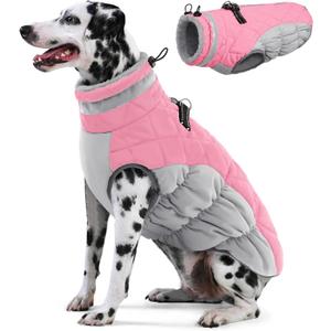 AOFITEE Dog Coat, Warm Dog Jackets for Large Dogs, Reflective Turtleneck Dogs Winter Coat with Harness Built in, Waterproof Windproof Pet Snow Jacket Fleece Vest for Cold Weather, Pink XXL