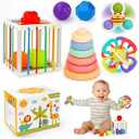 Baby Toys 6-12 Months,5 in 1 Montessori Toys for Babies 6-12 Months,Pull String Infant Teething Toys,Stacking Rings,Color Shape Sensory,Suction Cup Spinner Toys for 6-9-12 to 18 M+ Birthday Gifts