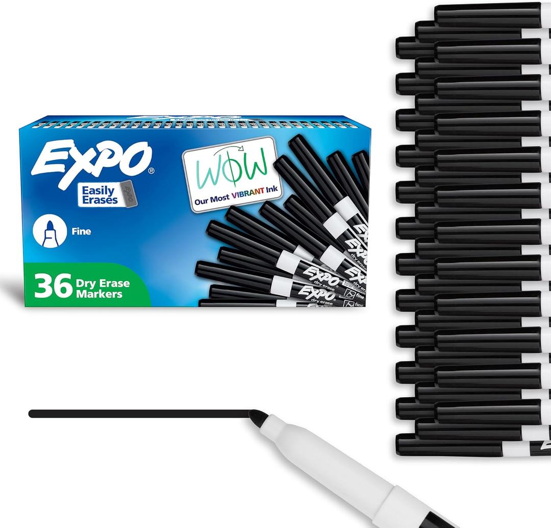 EXPO Dry Erase Markers, Low Odor Ink, Black, Fine Tip, 36 Count