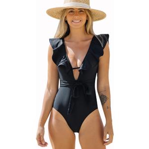 SPORLIKE Women One Piece Swimsuit V-Neck Ruffle Bathing Suit Padded Monokini (Medium, Black)