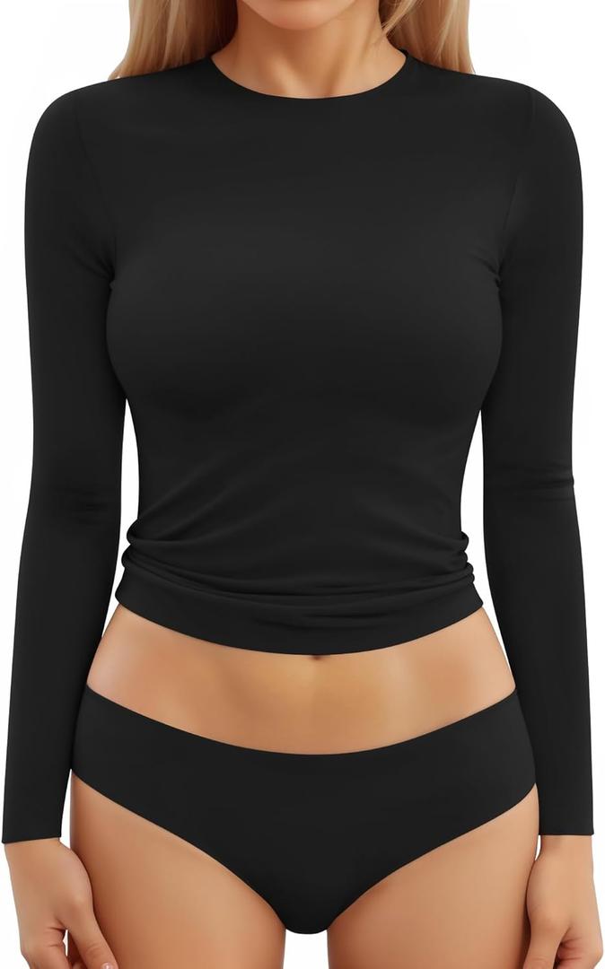 MANGOPOP Women's Double Lined Short Sleeve Long Sleeve Tops Crew Neck T Shirt Compression Fitted Basic Tee (Medium)