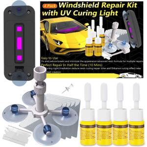 CLAMPER Windshield Repair Kit, Windshield Crack Repair Kit 4 Pcs, Windscreen Repair Kit with Enhanced Injection Head Suction Cup UV Curing Light, Windshield Chip Repair Kit for Bulls-Eye (Yellow)