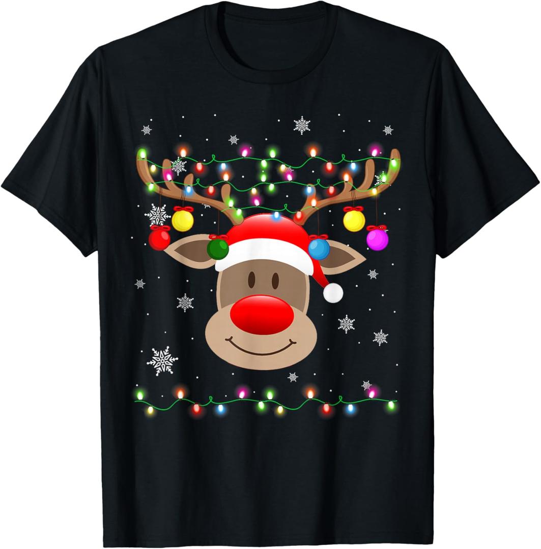 Red Nose Reindeer Snowflakes Chirstmas Lights T-Shirt, Size: Small