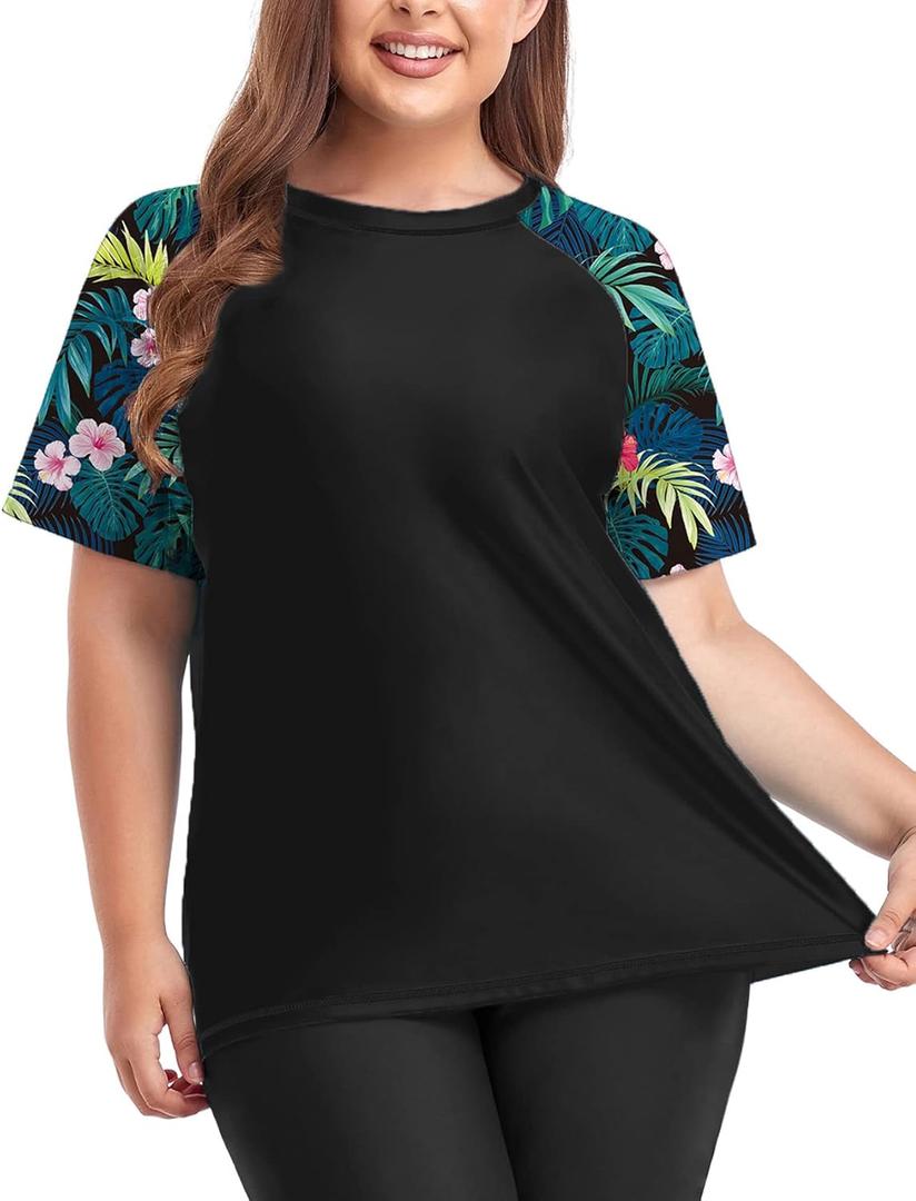 Inno Women's Plus Size Rash Guard Swim Shirt Short Sleeves UPF 50+ Swimwear Workout Tops 0X-6X (2X, Black Pink)
