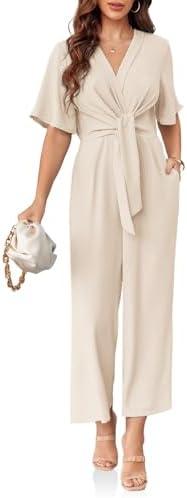 Cicy Bell Women's Elegant V Neck Jumpsuits Dressy Casual Short Sleeve Wide Leg Long Pants Rompers. Size M