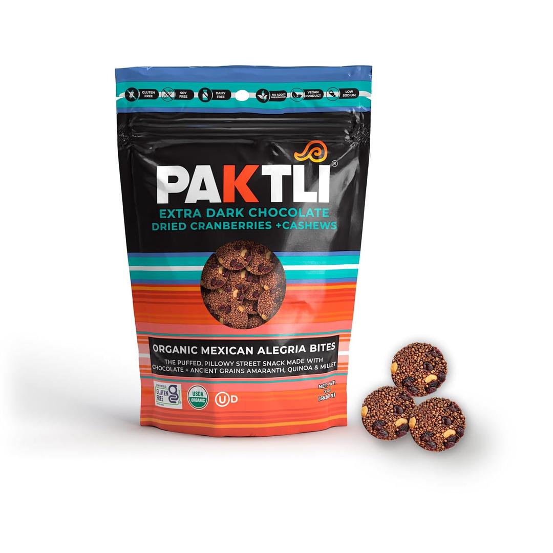 Paktli Organic Alegra Bites Extra Dark Chocolate with Cranberries & Cashews, 2oz Bag, Organic Ancient Grain Snack with Amaranth, Quinoa & Millet, Non-GMO, Gluten-Free, Clean Superfood Treat