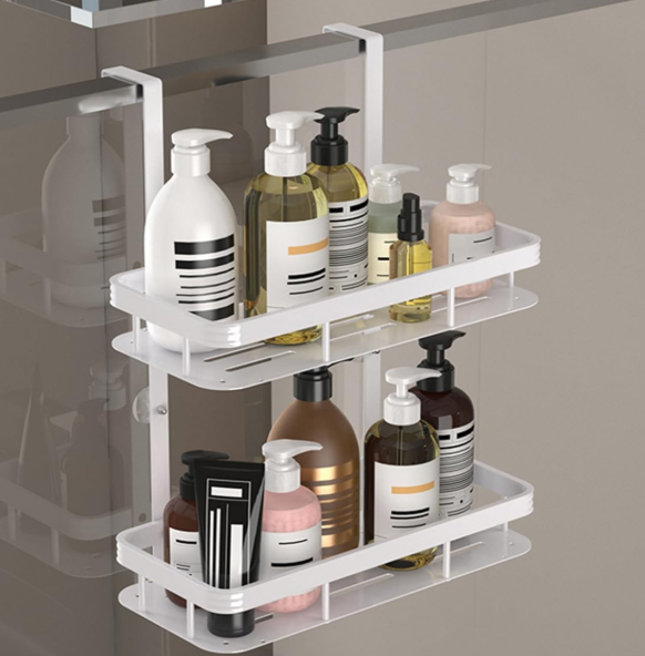 White Over Door Shower Caddy, Rustproof Bathroom Organizer, 2Tier Storage Rack, 11.81x5.31 Inch Shelves, No Drilling Required