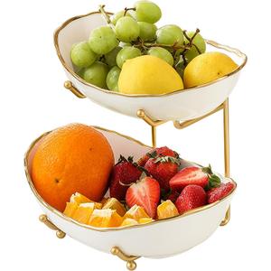 2 Tier Ceramic Fruit Bowl for Kitchen Counter, Tiered Fruit Basket for Countertop, Modern Multi Layer Fruit Display Stand for Party, Cute (Gold&White, Small) 1